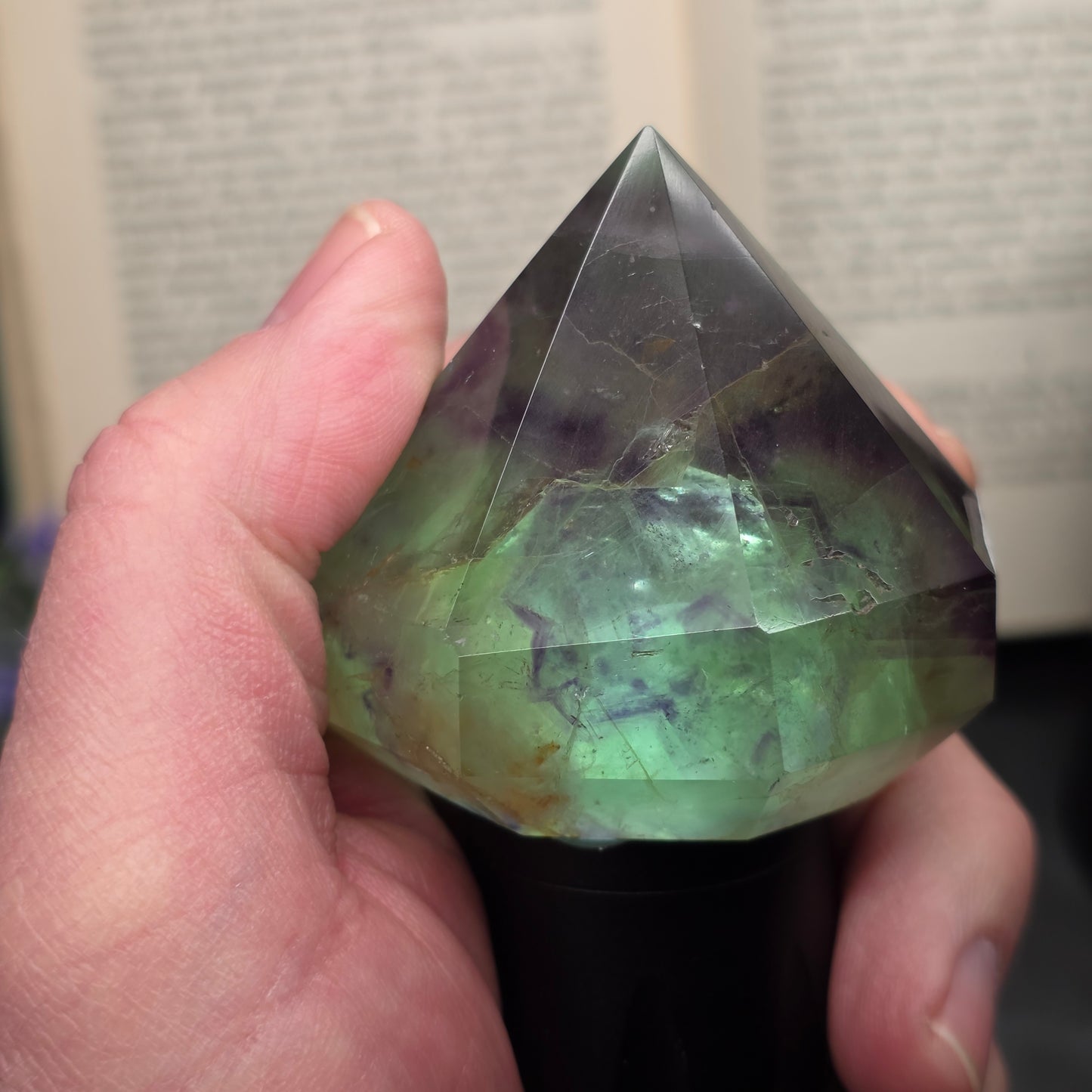 Purple and Green Fluorite with Hematite Diamond Point Carving | 1407
